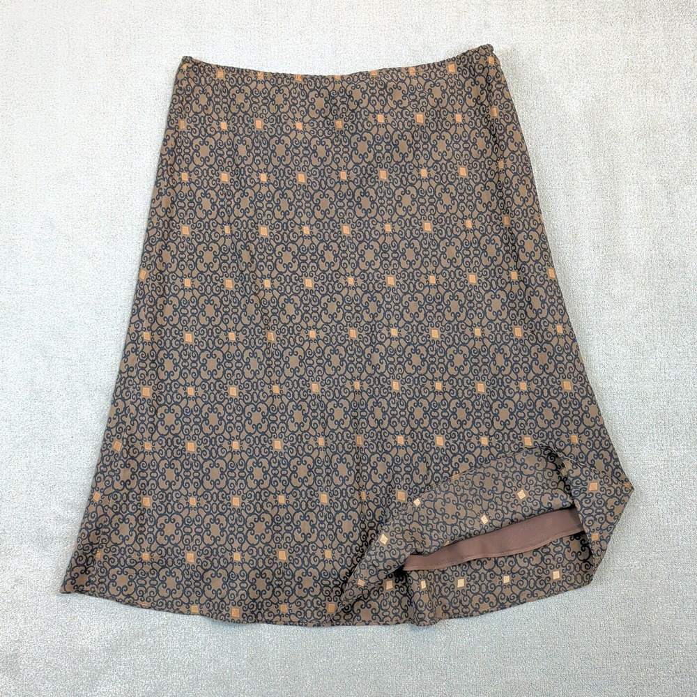 New York & Company Skirt Womens L Brown 100% Silk Scroll Print A-Line Midi Zip